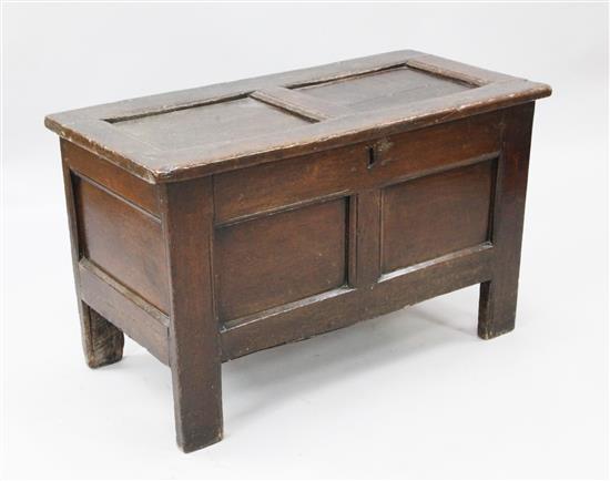 An early 18th century oak coffer, W.3ft 2in. D.1ft 6in. H.1ft 11in.